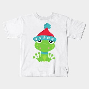 Winter Frog, Cute Frog, Green Frog, Scarf, Hat Kids T-Shirt